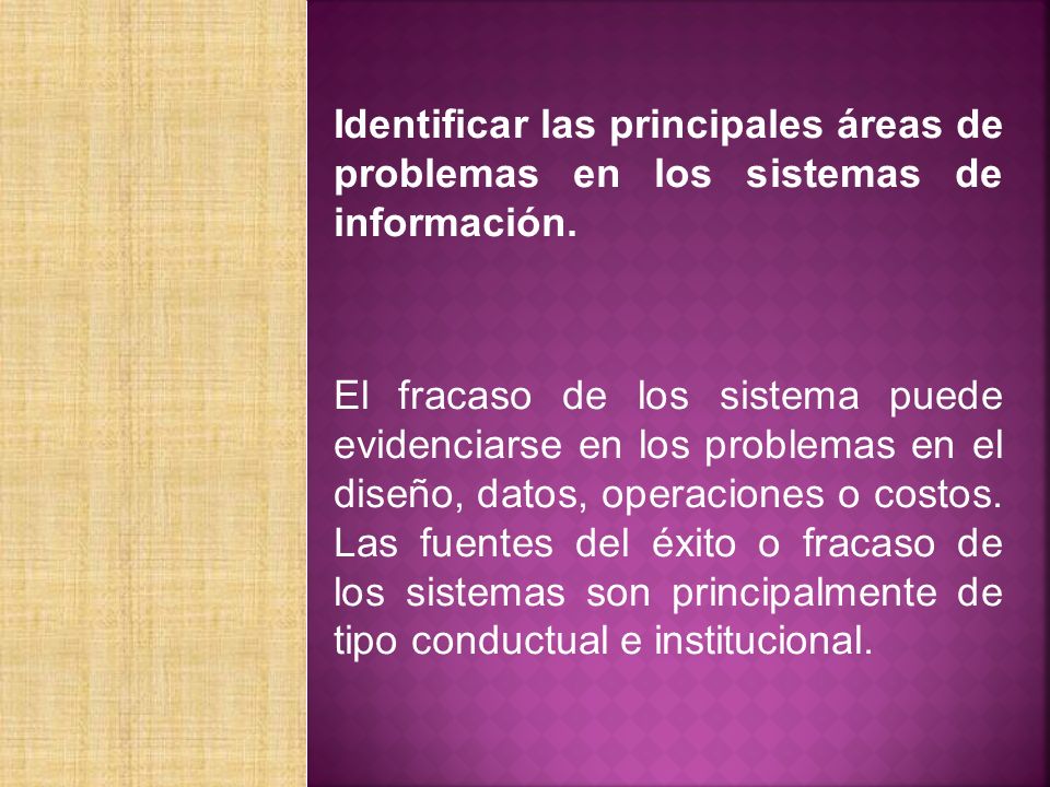Identificar las principales áreas de problemas en los sistemas de información.