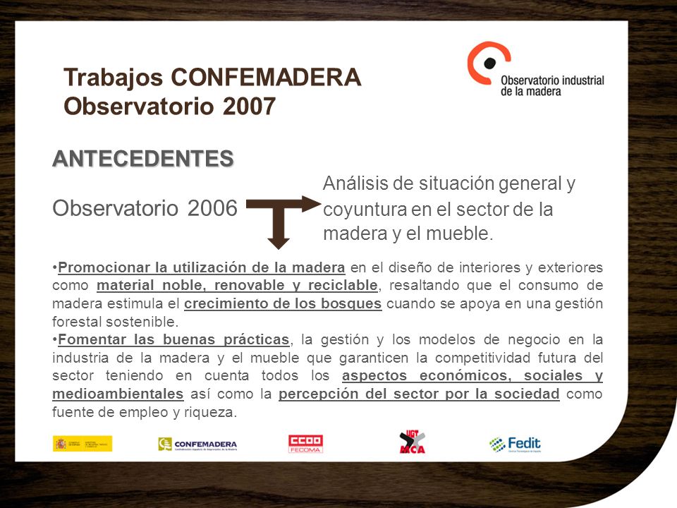 Trabajos CONFEMADERA Observatorio 2007 ANTECEDENTES Análisis de situación general y Observatorio 2006 coyuntura en el sector de la madera y el mueble.