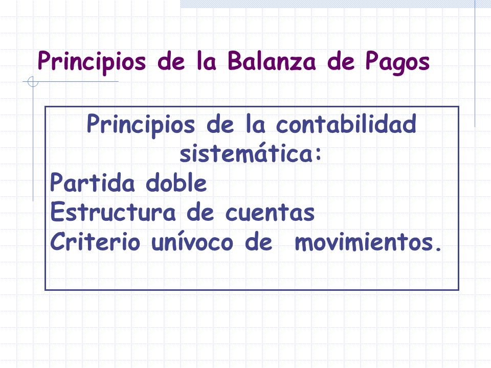 Principios de la Balanza de Pagos Principios de la contabilidad sistemática: Partida doble Estructura de cuentas Criterio unívoco de movimientos.