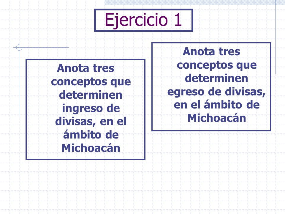 Ejercicio 1 Anota tres conceptos que determinen ingreso de divisas, en el ámbito de Michoacán Anota tres conceptos que determinen egreso de divisas, en el ámbito de Michoacán