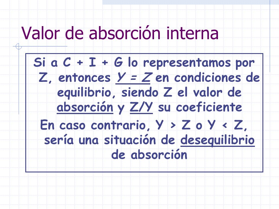 Valor de absorción interna Si a C + I + G lo representamos por Z, entonces Y = Z en condiciones de equilibrio, siendo Z el valor de absorción y Z/Y su coeficiente En caso contrario, Y > Z o Y < Z, sería una situación de desequilibrio de absorción