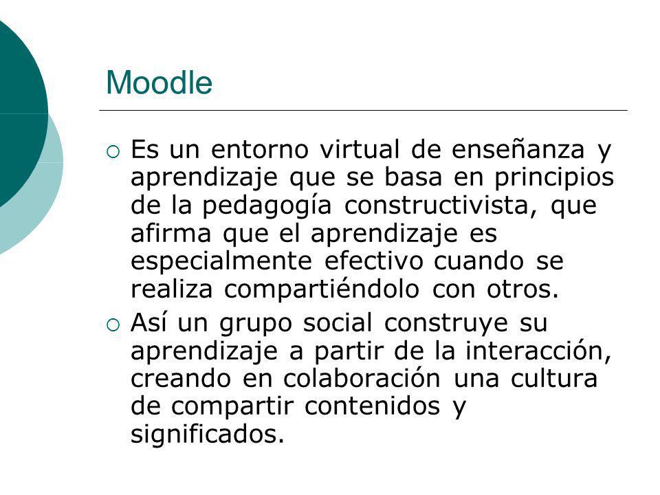 Moodle Es un entorno virtual de enseñanza y aprendizaje que se basa en principios de la pedagogía constructivista, que afirma que el aprendizaje es especialmente efectivo cuando se realiza compartiéndolo con otros.