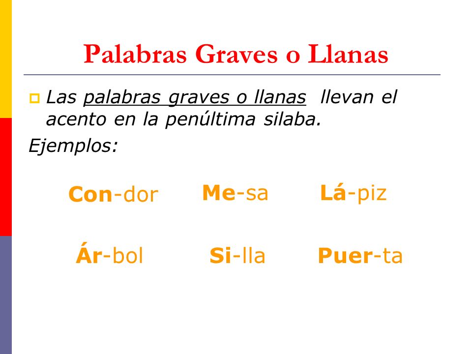 Palabras Graves o Llanas Las palabras graves o llanas llevan el acento en la penúltima silaba.