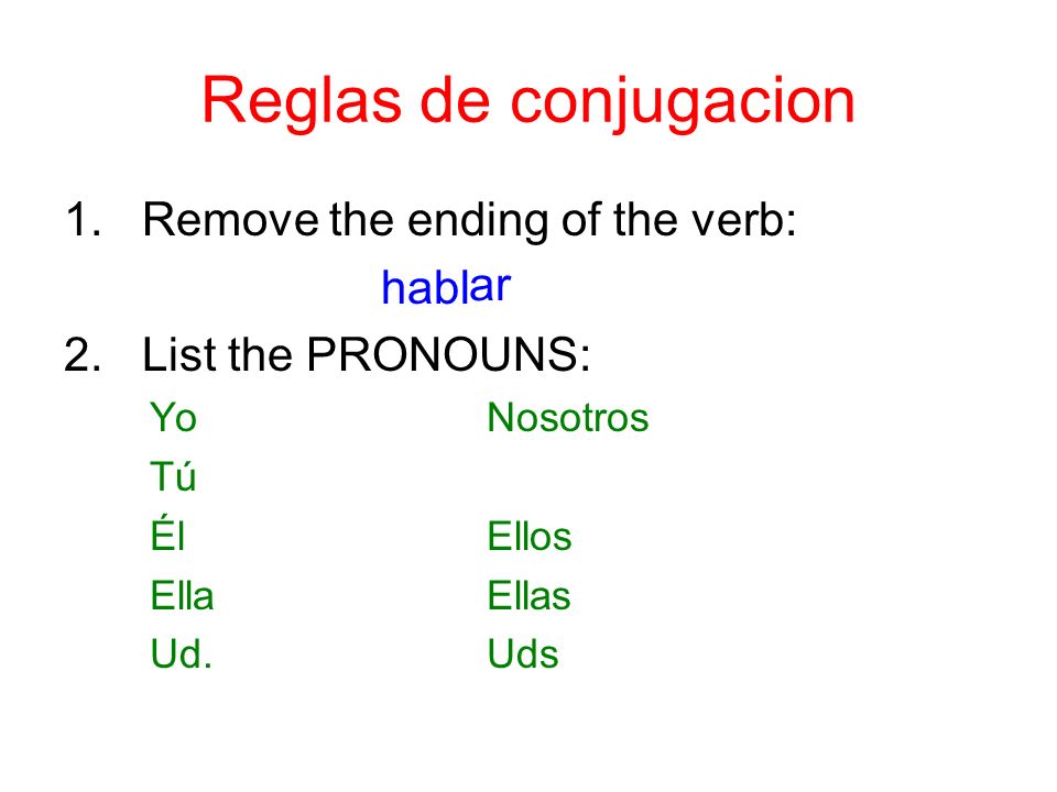 Reglas de conjugacion 1. Remove the ending of the verb: habl 2.