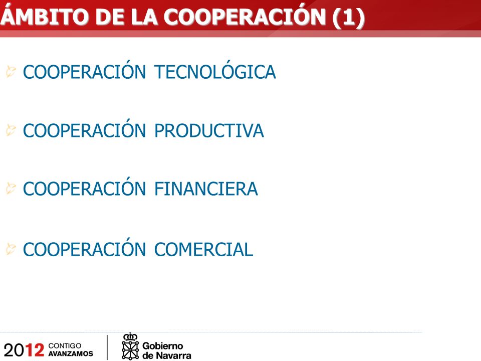 COOPERACIÓN TECNOLÓGICA COOPERACIÓN PRODUCTIVA COOPERACIÓN FINANCIERA COOPERACIÓN COMERCIAL ÁMBITO DE LA COOPERACIÓN (1)