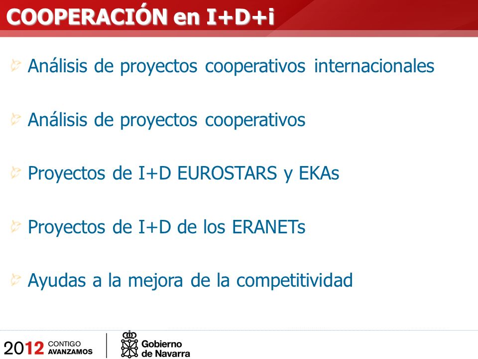 Análisis de proyectos cooperativos internacionales Análisis de proyectos cooperativos Proyectos de I+D EUROSTARS y EKAs Proyectos de I+D de los ERANETs Ayudas a la mejora de la competitividad COOPERACIÓN en I+D+i COOPERACIÓN en I+D+i
