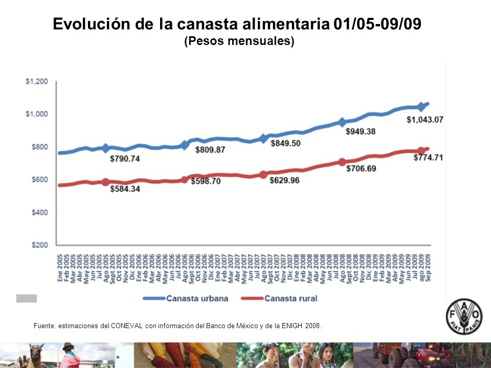 Evolución de la canasta alimentaria 01/05-09/09 (Pesos mensuales) Fuente: estimaciones del CONEVAL con información del Banco de México y de la ENIGH 2008.