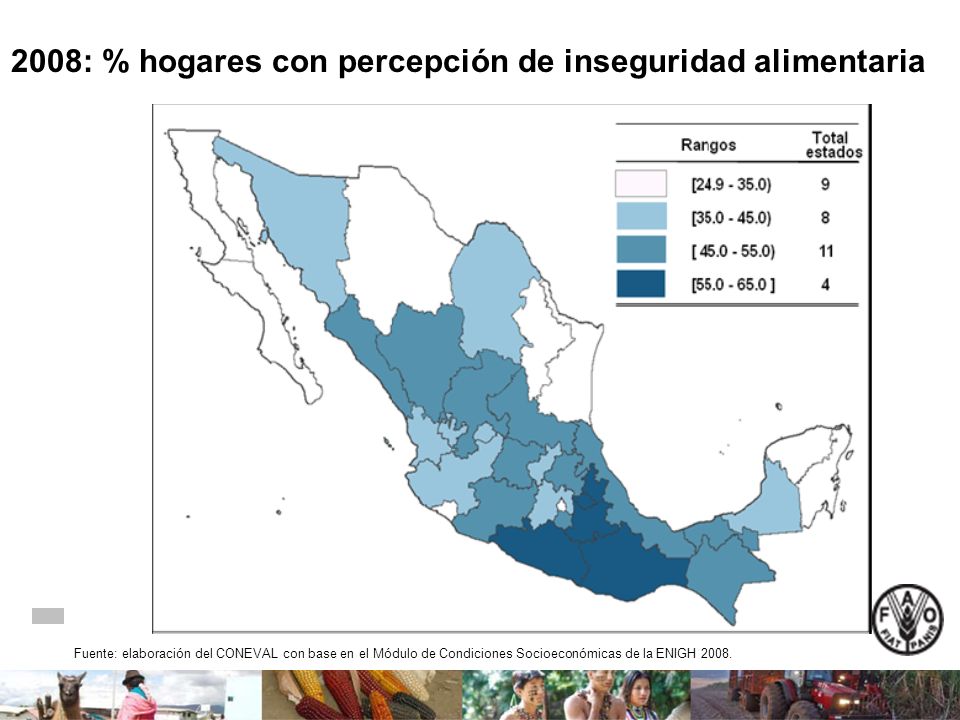2008: % hogares con percepción de inseguridad alimentaria Fuente: elaboración del CONEVAL con base en el Módulo de Condiciones Socioeconómicas de la ENIGH 2008.