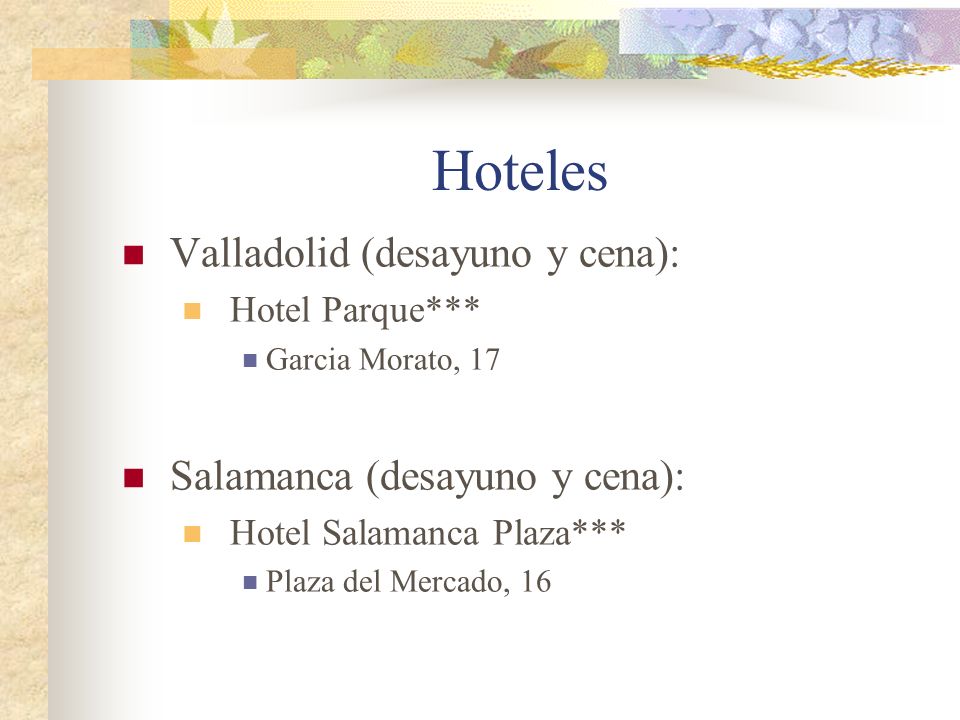 Hoteles Valladolid (desayuno y cena): Hotel Parque*** Garcia Morato, 17 Salamanca (desayuno y cena): Hotel Salamanca Plaza*** Plaza del Mercado, 16