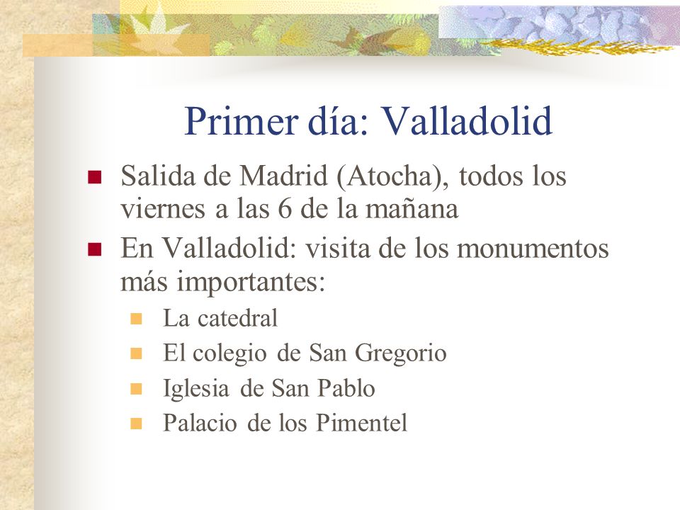 Salida de Madrid (Atocha), todos los viernes a las 6 de la mañana En Valladolid: visita de los monumentos más importantes: La catedral El colegio de San Gregorio Iglesia de San Pablo Palacio de los Pimentel