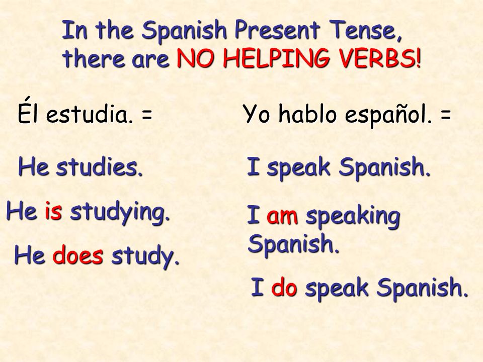 In the Spanish Present Tense, there are NO HELPING VERBS.