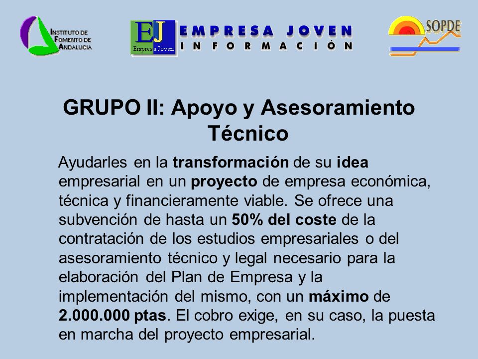 GRUPO II: Apoyo y Asesoramiento Técnico Ayudarles en la transformación de su idea empresarial en un proyecto de empresa económica, técnica y financieramente viable.