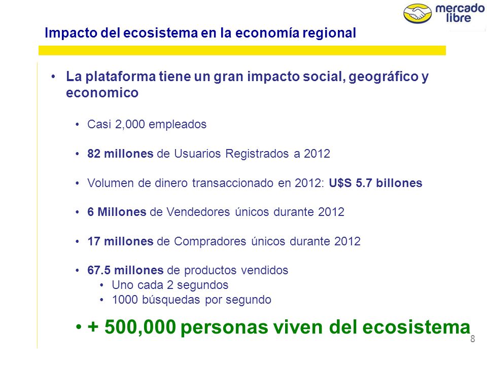 7 Fuente: Comscore Networks, Enero 2013 #8 MERCADOLIBRE ES OCTAVO EN EL RANKING MUNDIAL Ecosistema MercadoLibre