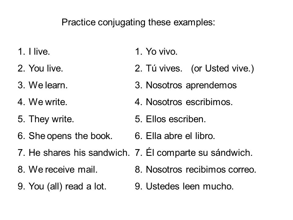 Practice conjugating these examples: 1.I live. 2.You live.