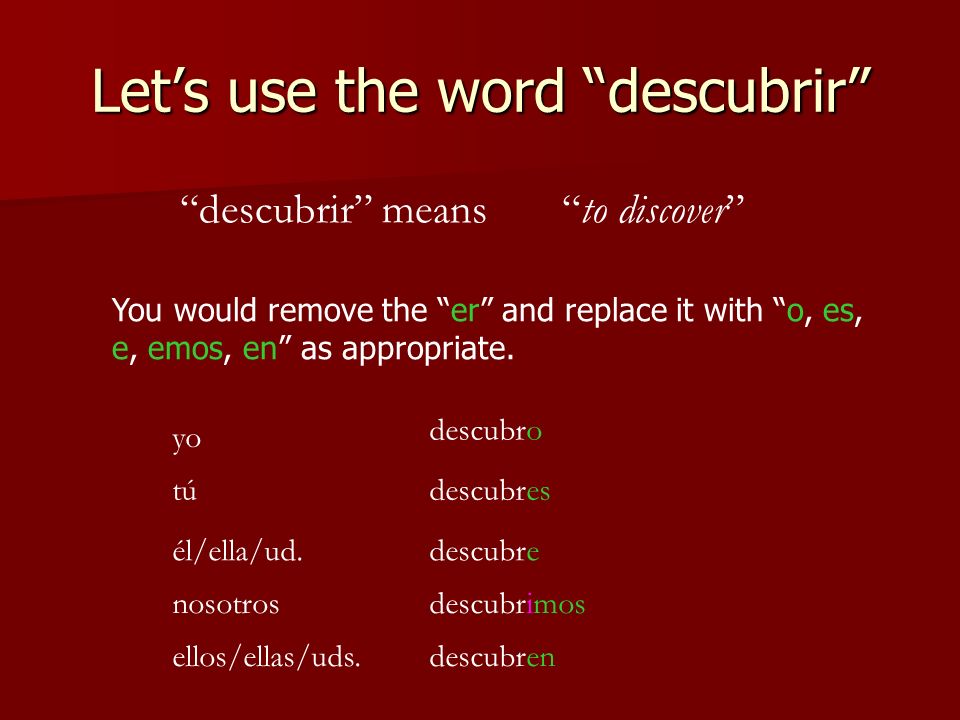 Lets use the word descubrir descubrir means to discover You would remove the er and replace it with o, es, e, emos, en as appropriate.