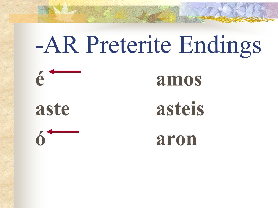 -AR Preterite Endings Do you remember your -AR preterite endings They are: