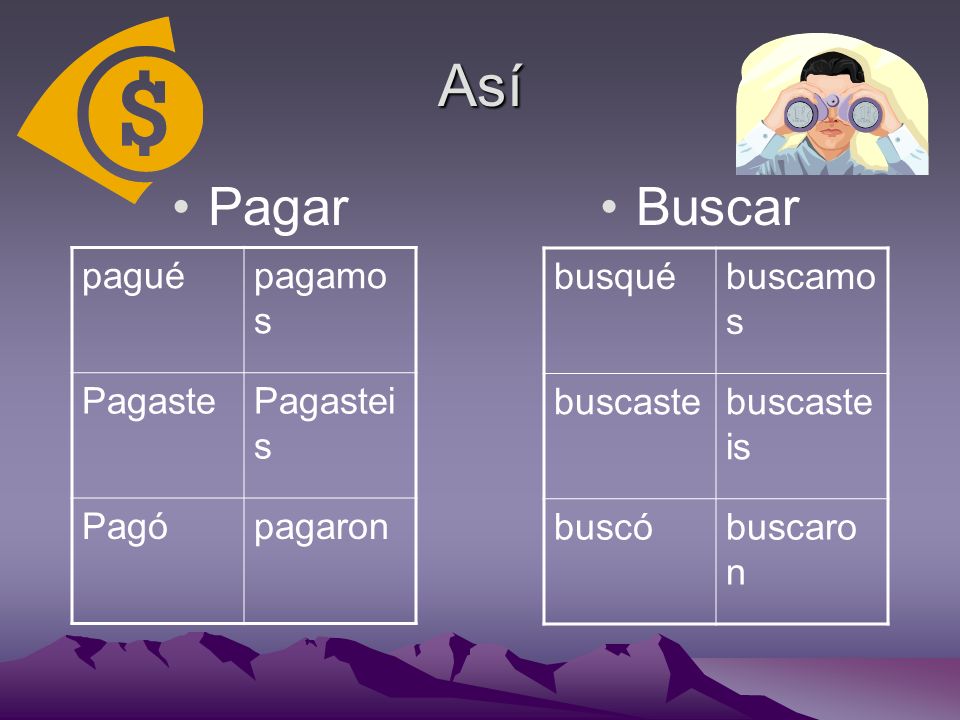 Así Pagar Buscar paguépagamo s PagastePagastei s Pagópagaron busquébuscamo s buscastebuscaste is buscóbuscaro n