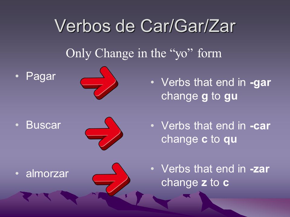 Verbos de Car/Gar/Zar Pagar Buscar almorzar Verbs that end in -gar change g to gu Verbs that end in -car change c to qu Verbs that end in -zar change z to c Only Change in the yo form