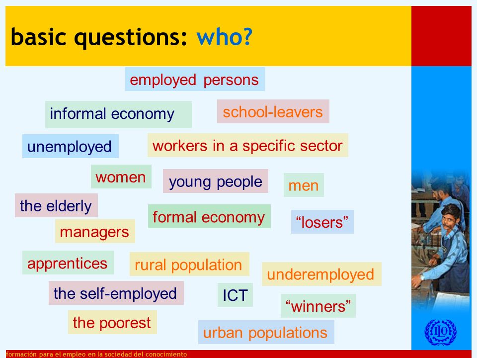 formación para el empleo en la sociedad del conocimiento informal economy underemployed managers the elderly rural population apprentices unemployed young people the self-employed women workers in a specific sector ICT employed persons men losers winners the poorest urban populations formal economy school-leavers basic questions: who
