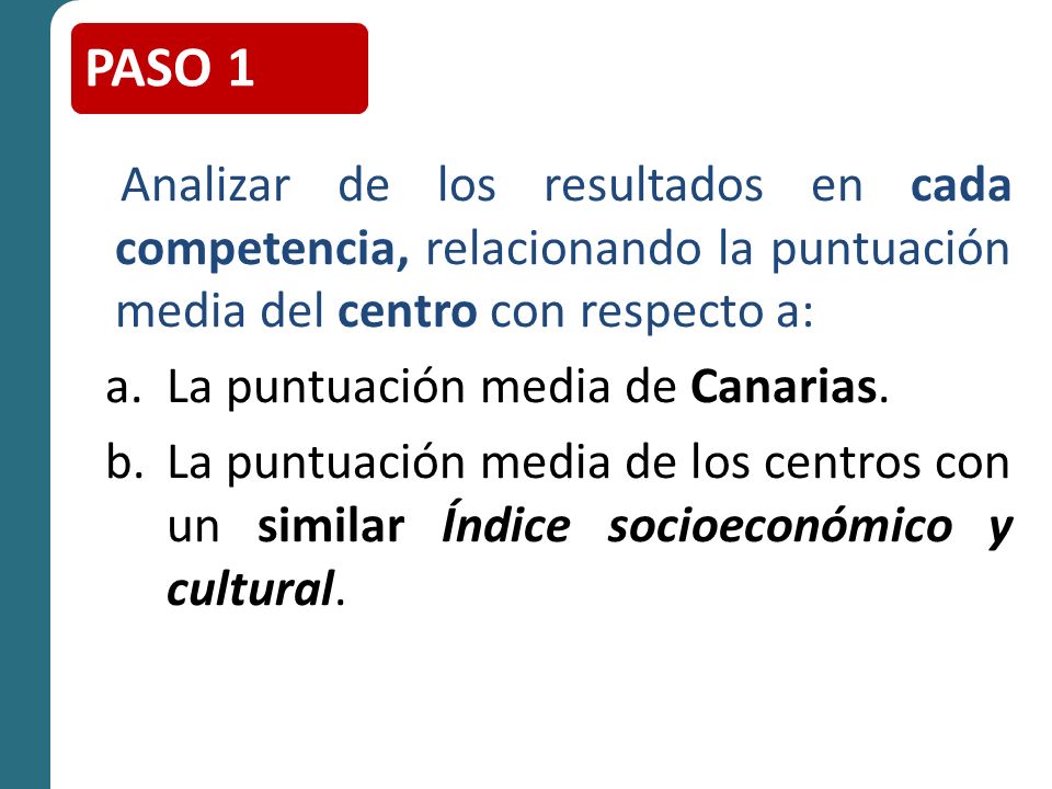 Analizar de los resultados en cada competencia, relacionando la puntuación media del centro con respecto a: a.La puntuación media de Canarias.