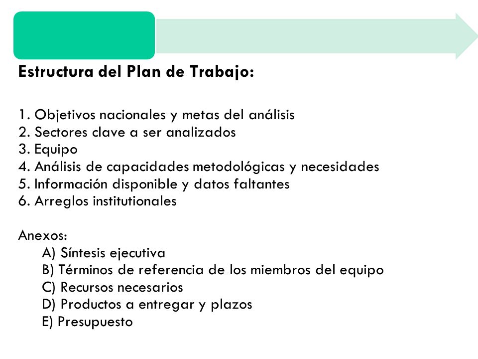 Estructura del Plan de Trabajo: 1. Objetivos nacionales y metas del análisis 2.