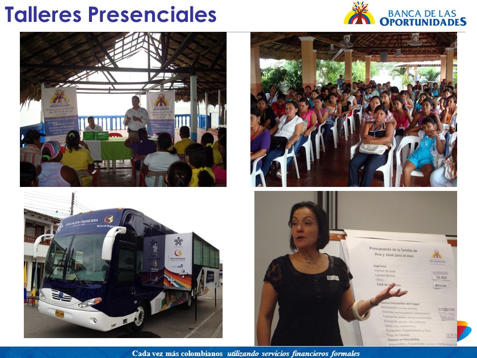 Una política para promover el acceso a servicios financieros buscando equidad social Cada vez más colombianos utilizando servicios financieros formales Talleres Presenciales