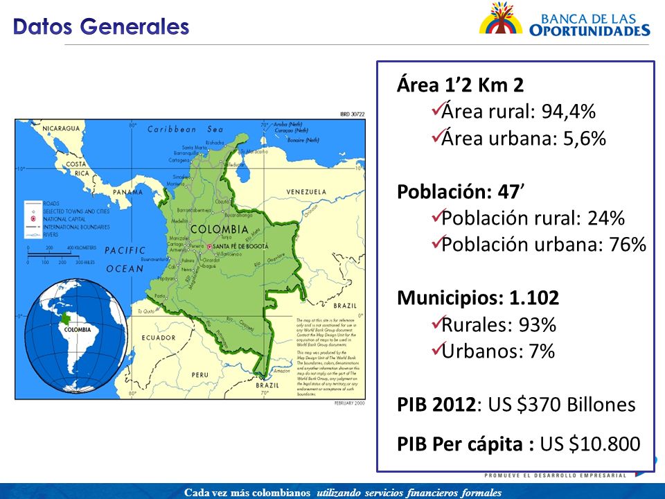Una política para promover el acceso a servicios financieros buscando equidad social Cada vez más colombianos utilizando servicios financieros formales Área 12 Km 2 Área rural: 94,4% Área urbana: 5,6% Población: 47 Población rural: 24% Población urbana: 76% Municipios: Rurales: 93% Urbanos: 7% PIB 2012: US $370 Billones PIB Per cápita : US $10.800