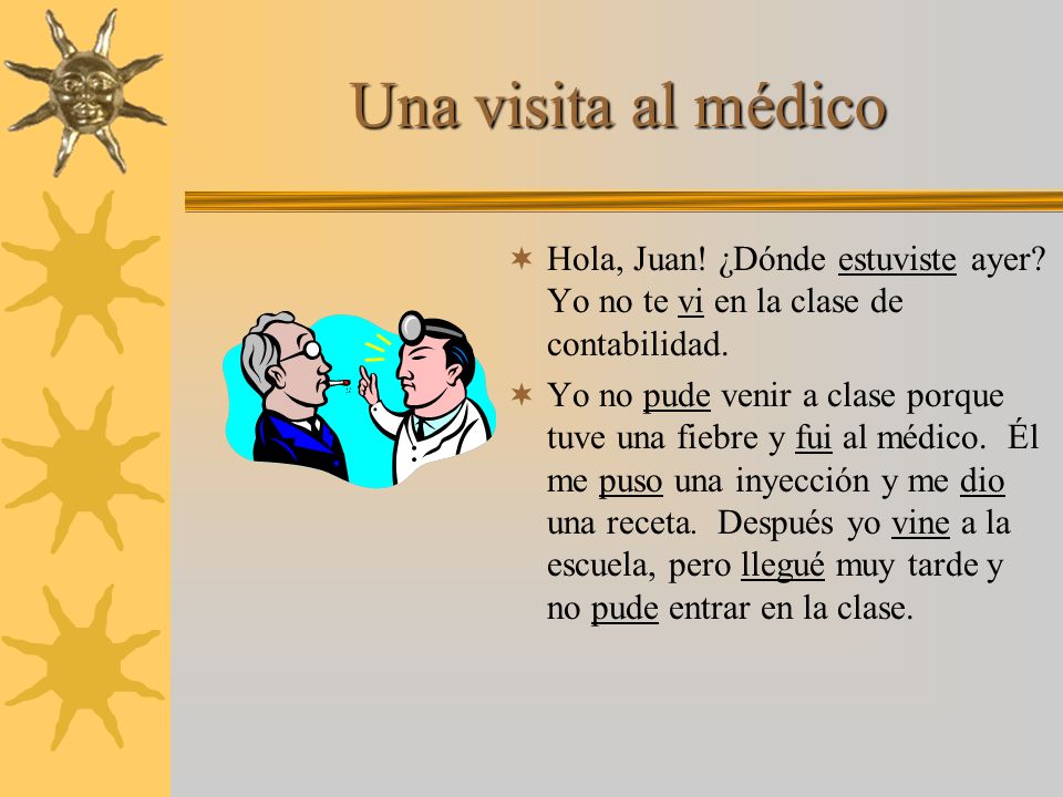 Una visita al médico Hola, Juan. ¿Dónde [tú] ______ (estar) ayer.