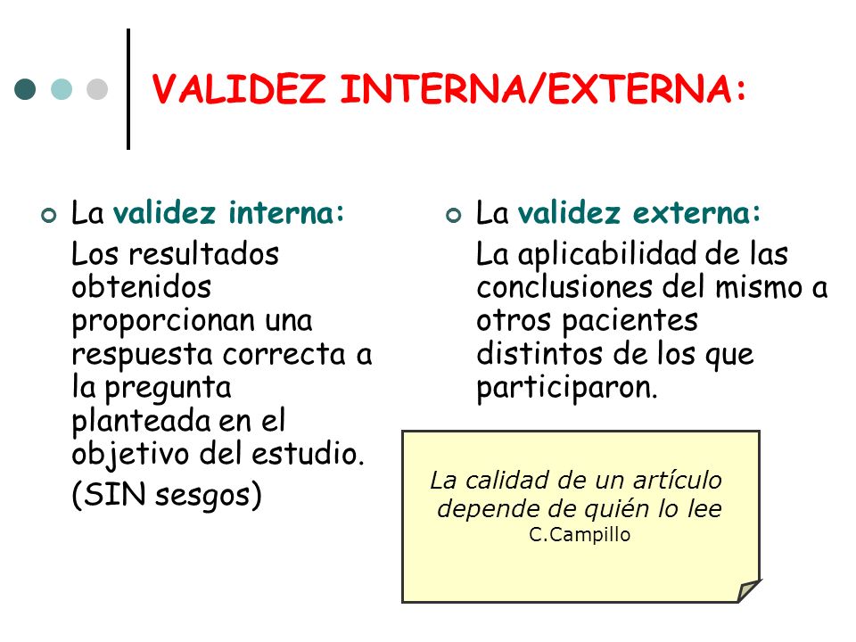 VALIDEZ INTERNA/EXTERNA: La validez interna: Los resultados obtenidos proporcionan una respuesta correcta a la pregunta planteada en el objetivo del estudio.