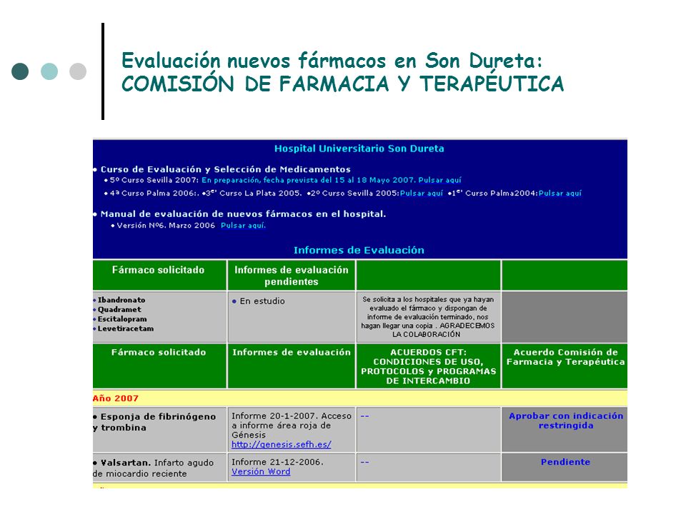 Evaluación nuevos fármacos en Son Dureta: COMISIÓN DE FARMACIA Y TERAPÉUTICA