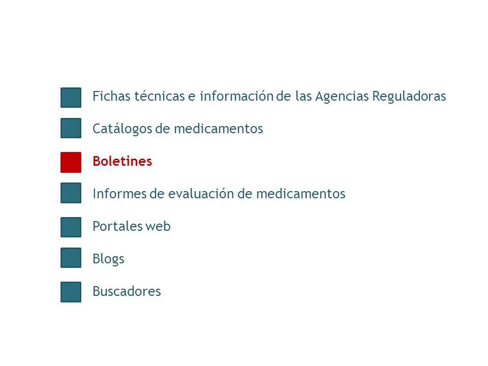 Fichas técnicas e información de las Agencias Reguladoras Catálogos de medicamentos Boletines Informes de evaluación de medicamentos Portales web Blogs Buscadores