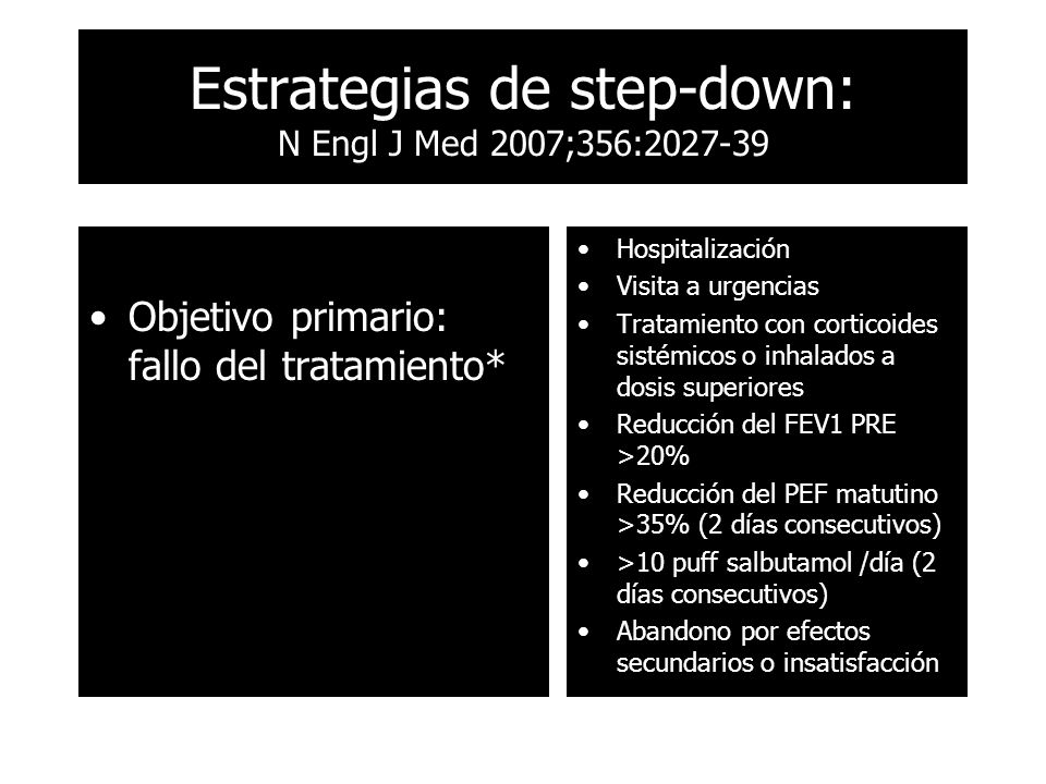 Objetivo primario: fallo del tratamiento* Hospitalización Visita a urgencias Tratamiento con corticoides sistémicos o inhalados a dosis superiores Reducción del FEV1 PRE >20% Reducción del PEF matutino >35% (2 días consecutivos) >10 puff salbutamol /día (2 días consecutivos) Abandono por efectos secundarios o insatisfacción Estrategias de step-down: N Engl J Med 2007;356: