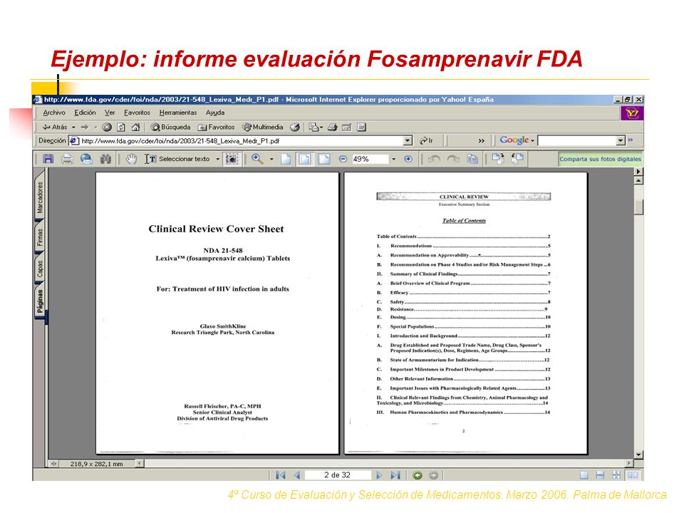 Ejemplo: informe evaluación Fosamprenavir FDA 4º Curso de Evaluación y Selección de Medicamentos.