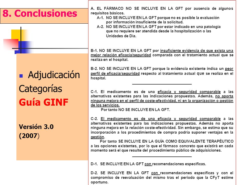 Adjudicación Categorías Guía GINF Versión 3.0 (2007) 8.