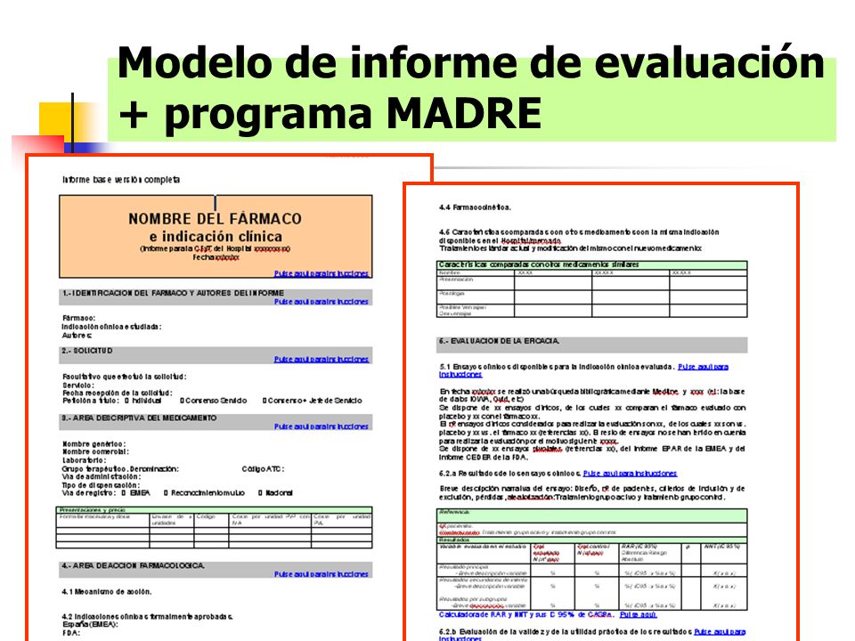 Modelo de informe de evaluación + programa MADRE