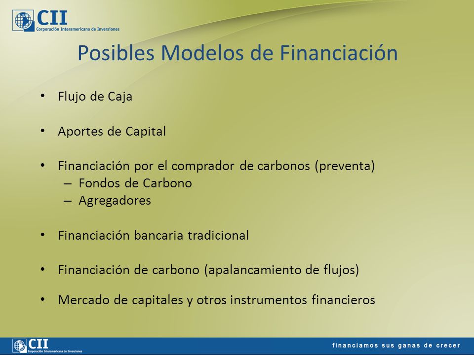 Posibles Modelos de Financiación Flujo de Caja Aportes de Capital Financiación por el comprador de carbonos (preventa) – Fondos de Carbono – Agregadores Financiación bancaria tradicional Financiación de carbono (apalancamiento de flujos) Mercado de capitales y otros instrumentos financieros