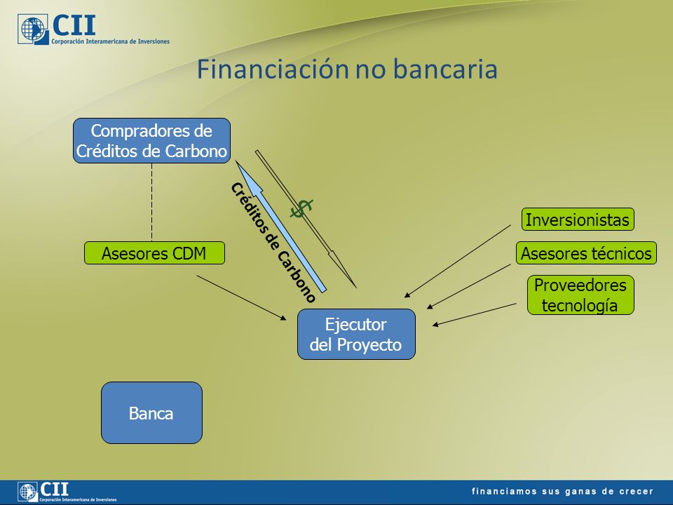 Financiación no bancaria Ejecutor del Proyecto Banca Compradores de Créditos de Carbono $ Inversionistas Asesores técnicos Proveedores tecnología Asesores CDM