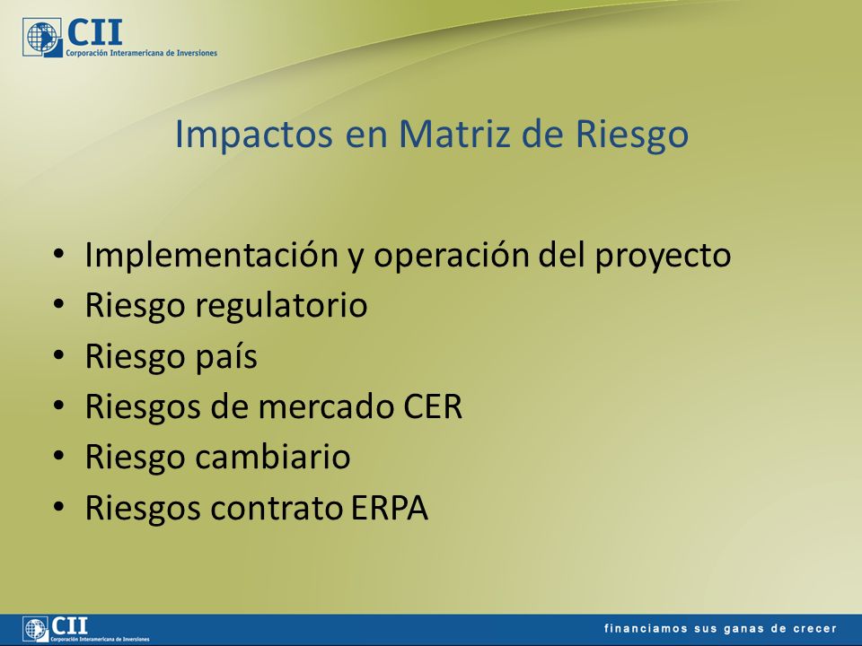 Impactos en Matriz de Riesgo Implementación y operación del proyecto Riesgo regulatorio Riesgo país Riesgos de mercado CER Riesgo cambiario Riesgos contrato ERPA