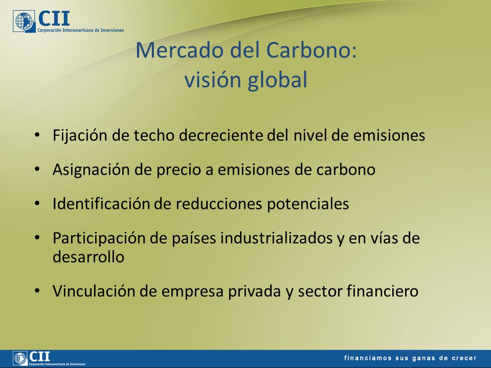 Mercado del Carbono: visión global Fijación de techo decreciente del nivel de emisiones Asignación de precio a emisiones de carbono Identificación de reducciones potenciales Participación de países industrializados y en vías de desarrollo Vinculación de empresa privada y sector financiero