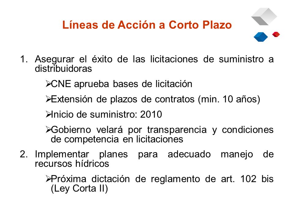 1.Asegurar el éxito de las licitaciones de suministro a distribuidoras CNE aprueba bases de licitación Extensión de plazos de contratos (min.