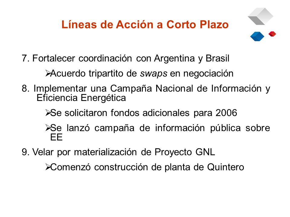 7. Fortalecer coordinación con Argentina y Brasil Acuerdo tripartito de swaps en negociación 8.