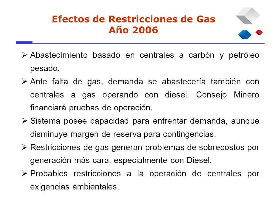 Efectos de Restricciones de Gas Año 2006 Abastecimiento basado en centrales a carbón y petróleo pesado.