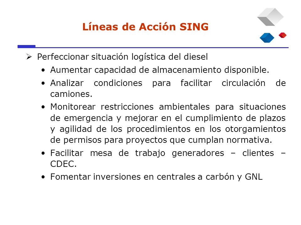 Líneas de Acción SING Perfeccionar situación logística del diesel Aumentar capacidad de almacenamiento disponible.
