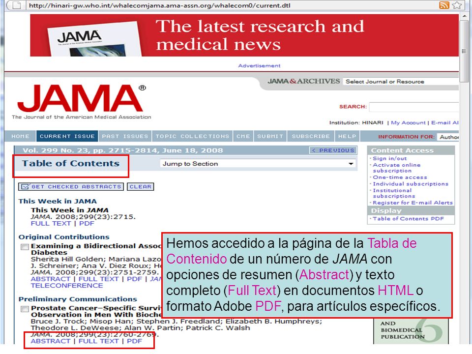 Hemos accedido a la página de la Tabla de Contenido de un número de JAMA con opciones de resumen (Abstract) y texto completo (Full Text) en documentos HTML o formato Adobe PDF, para artículos específicos.