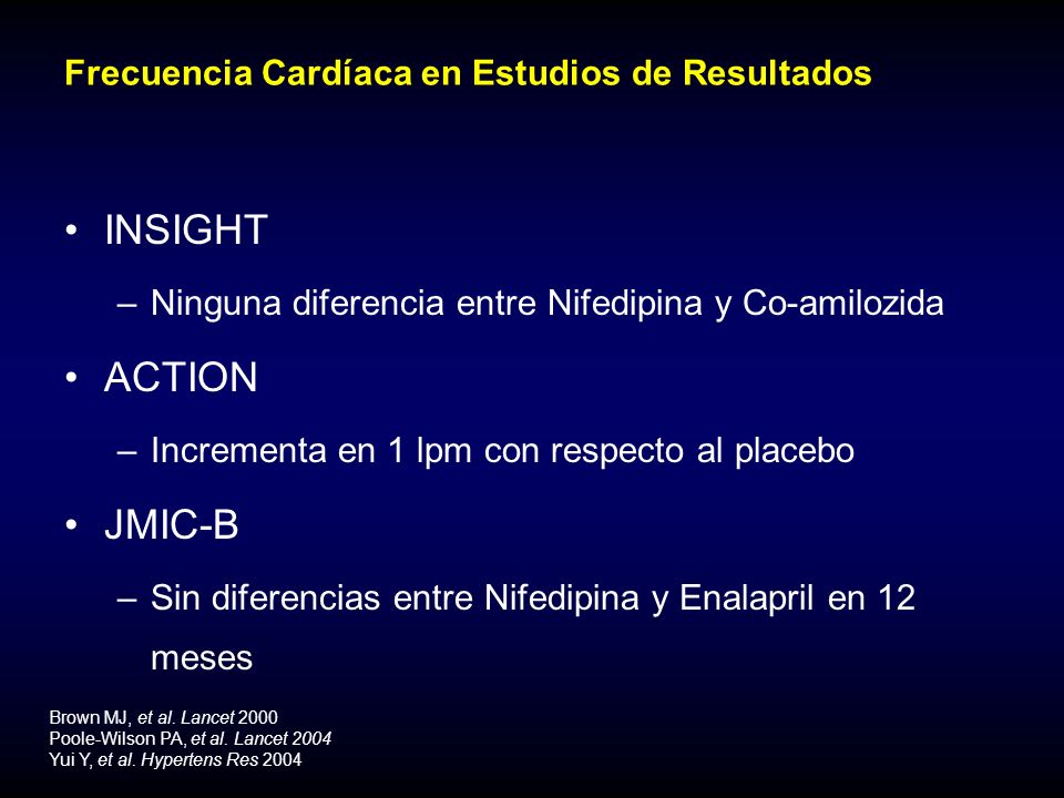 Frecuencia Cardíaca en Estudios de Resultados INSIGHT –Ninguna diferencia entre Nifedipina y Co-amilozida ACTION –Incrementa en 1 lpm con respecto al placebo JMIC-B –Sin diferencias entre Nifedipina y Enalapril en 12 meses Brown MJ, et al.