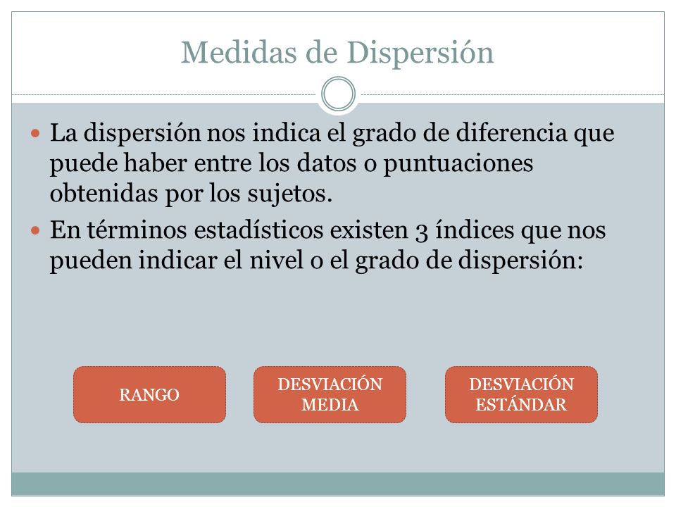 Medidas de Dispersión La dispersión nos indica el grado de diferencia que puede haber entre los datos o puntuaciones obtenidas por los sujetos.