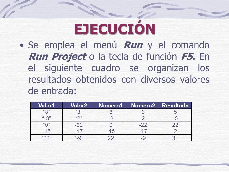 EJECUCIÓN Se emplea el menú Run y el comando Run Project o la tecla de función F5.