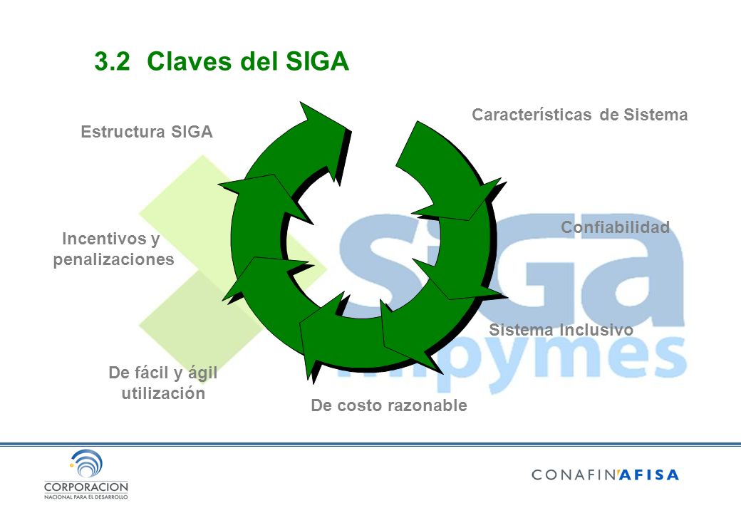 Características de Sistema Confiabilidad Sistema Inclusivo De costo razonable De fácil y ágil utilización Estructura SIGA Incentivos y penalizaciones 3.2Claves del SIGA
