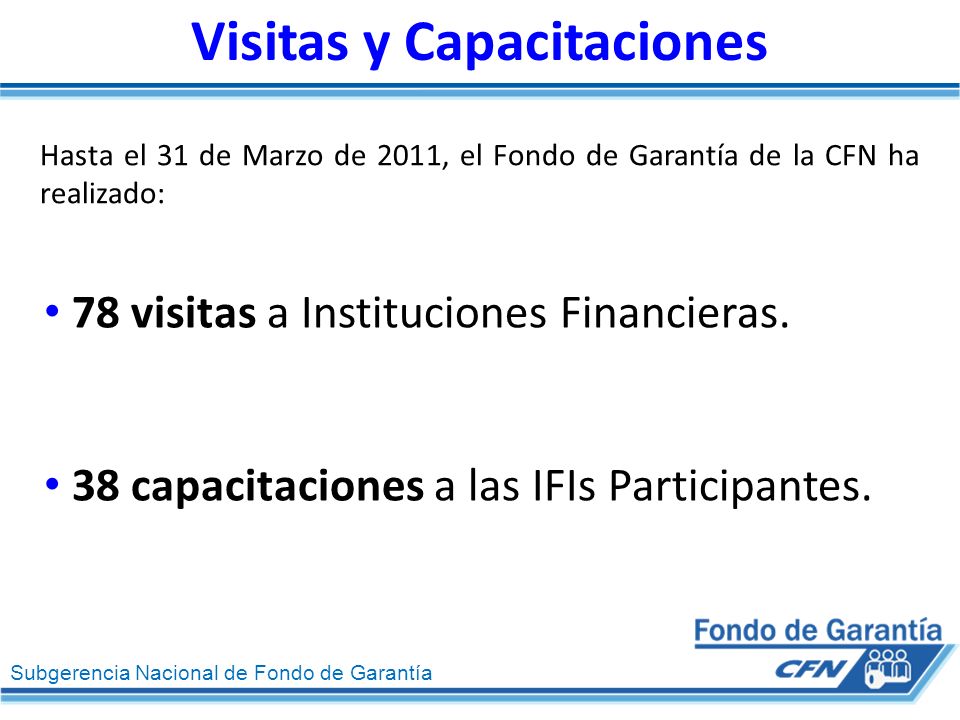 Subgerencia Nacional de Fondo de Garantía Visitas y Capacitaciones Hasta el 31 de Marzo de 2011, el Fondo de Garantía de la CFN ha realizado: 78 visitas a Instituciones Financieras.