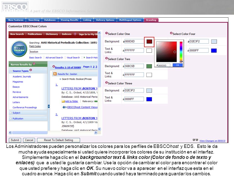 Los Administradores pueden personalizar los colores para los perfiles de EBSCOhost y EDS.